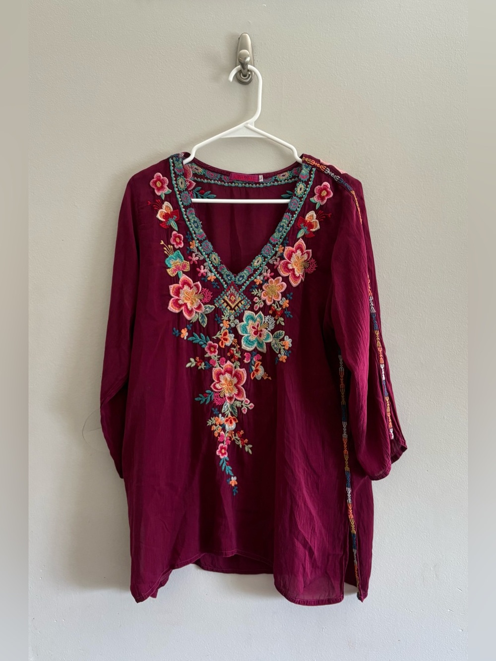 Johnny Was Roma Tunic Top Embroidered Magenta Cupra Rayon C23817 | Size L